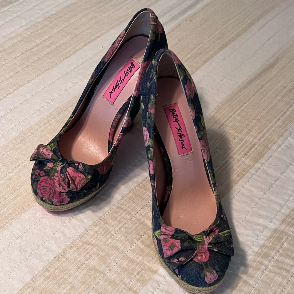 Betsey Johnson Floral Heels with Pink and Green Accents